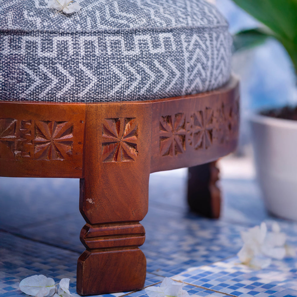 Round Carved Upholstered Wooden Poof
