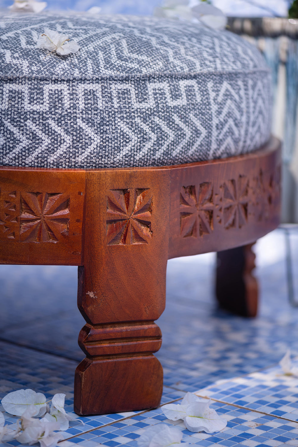 Round Carved Upholstered Wooden Poof