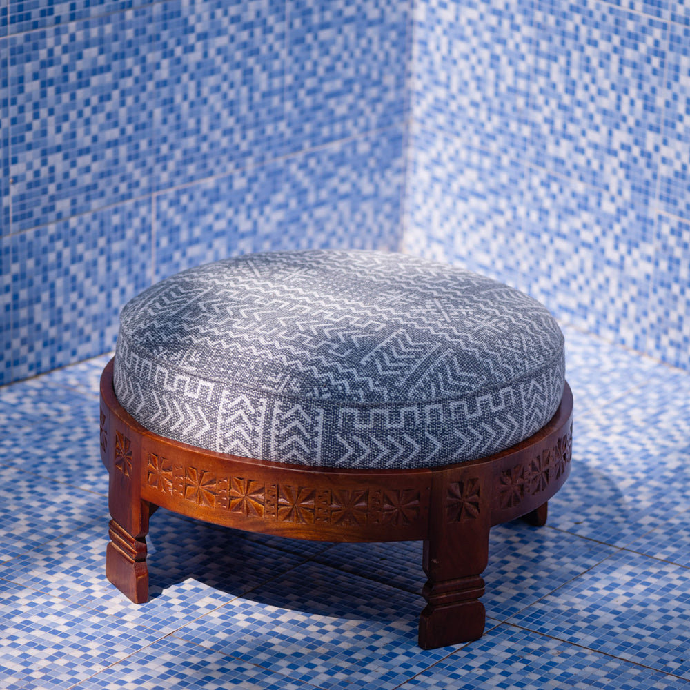 Round Carved Upholstered Wooden Poof