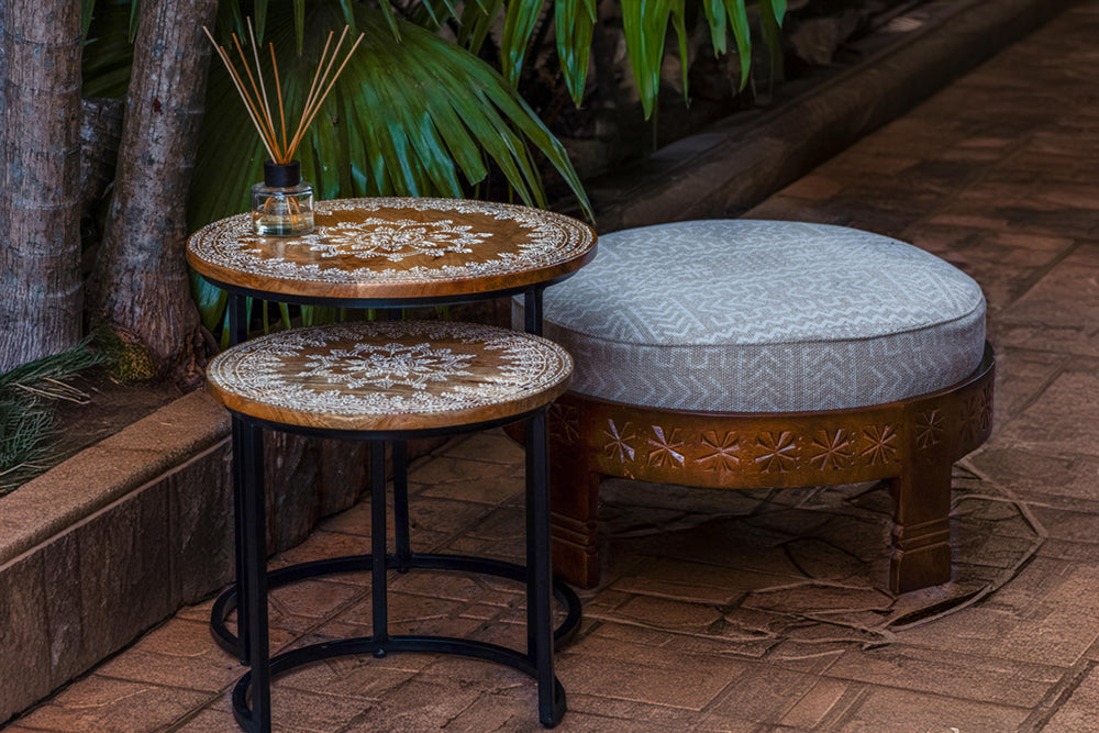 Round Carved Upholstered Wooden Poof