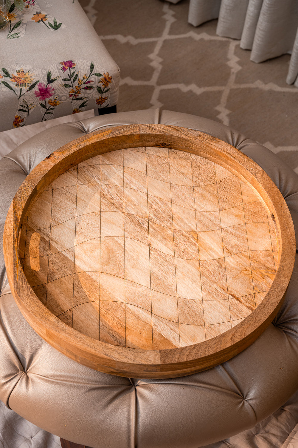 Wooden Tray Round Check