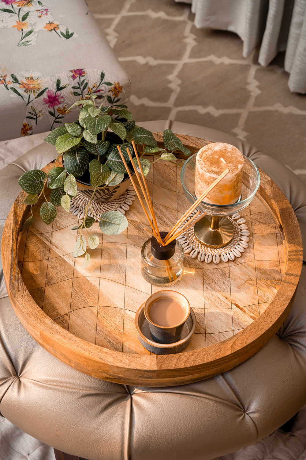 Wooden Tray Round Check